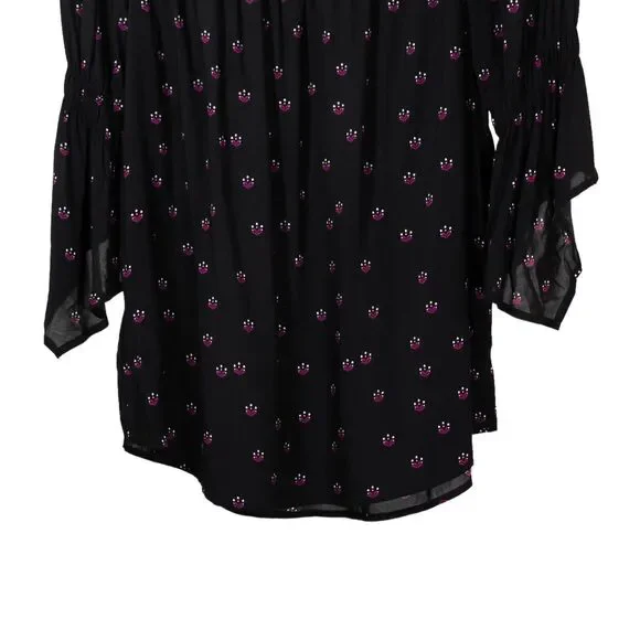 Express Women's Blouse Black Pink Floral Off Shoulder Ribbed 3/4 Sleeve Top M - Picture 3 of 9